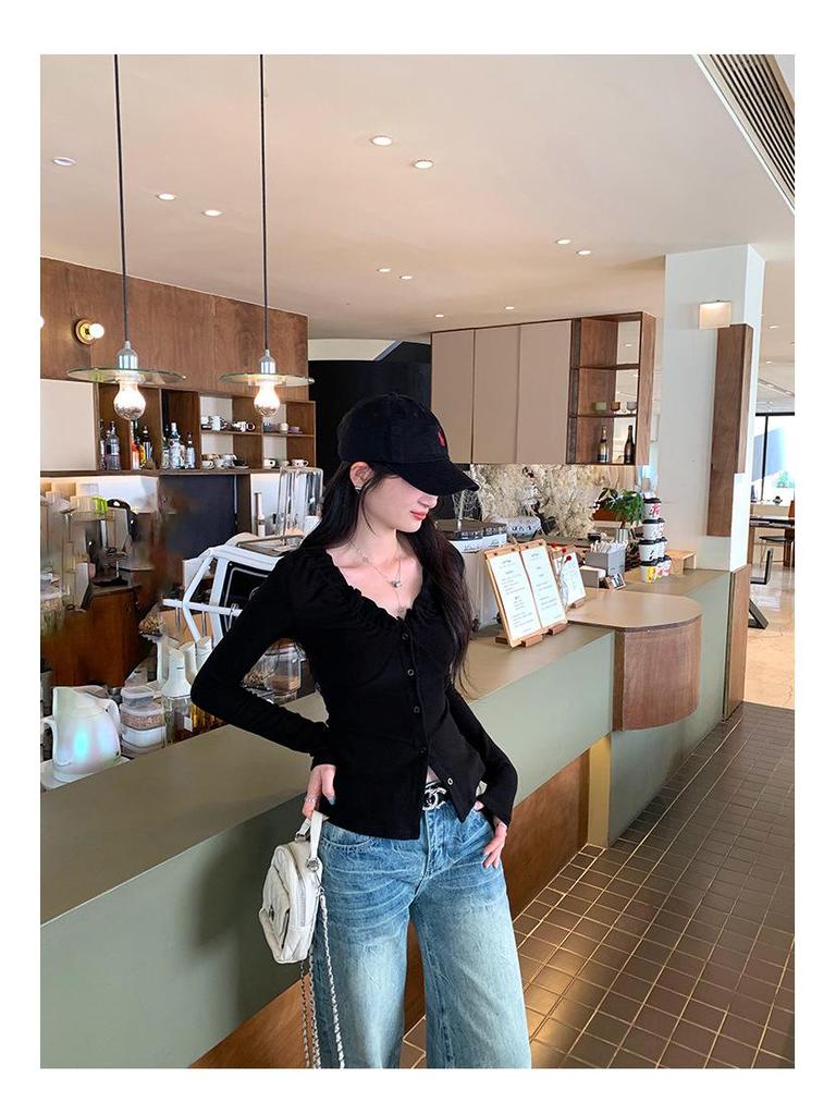 Korean Elegant Ruffle V-Neck Cardigan Women's Slimming Base Layer T-Shirt Top for Autumn/Winter