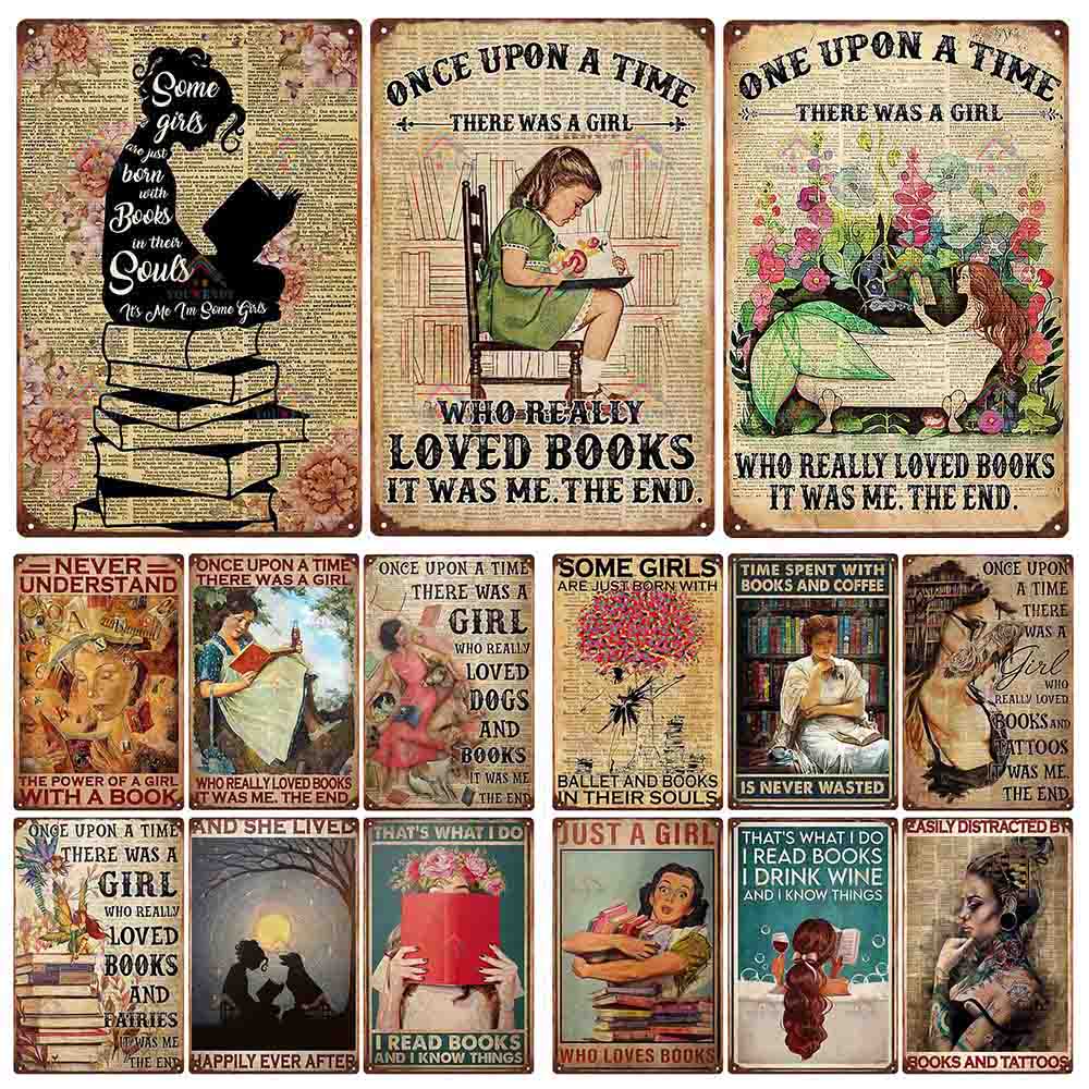

Плакат для чтения любви Винтажный ретро металлический знак девушка Книги любви Винтажное настенное искусство для домашней кухни Бар Кофейня 8x12 дюймов