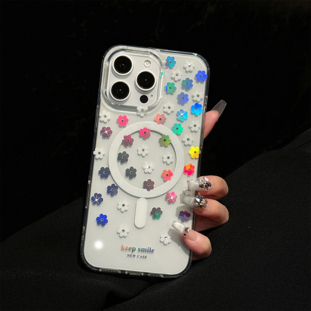 For iPhone 15 Pro Case Compatible with MagSafe Laser Flower PC+TPU Clear Phone Cover