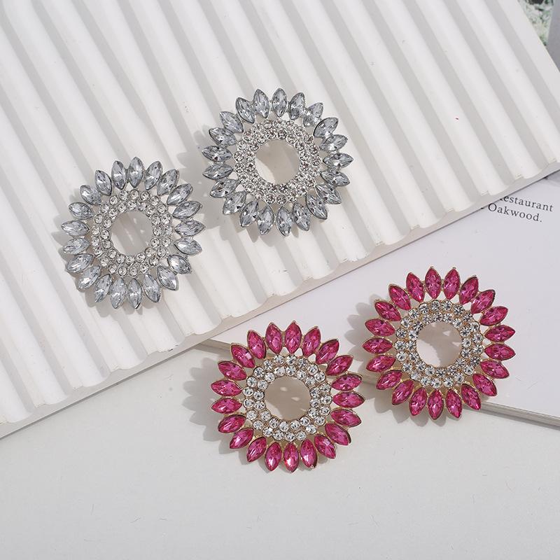European and American Sunflower Stud Earrings: Colored Inlaid Diamond, Double Layer Round Flower Design