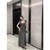 French sweet and spicy style sexy square-neck dress for women, summer Korean design with a cinched waist fitted hip-hugging long dress