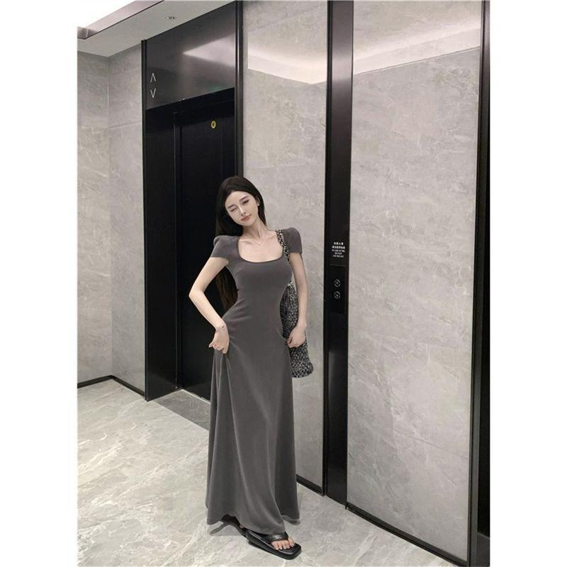 French sweet and spicy style sexy square-neck dress for women, summer Korean design with a cinched waist fitted hip-hugging long dress