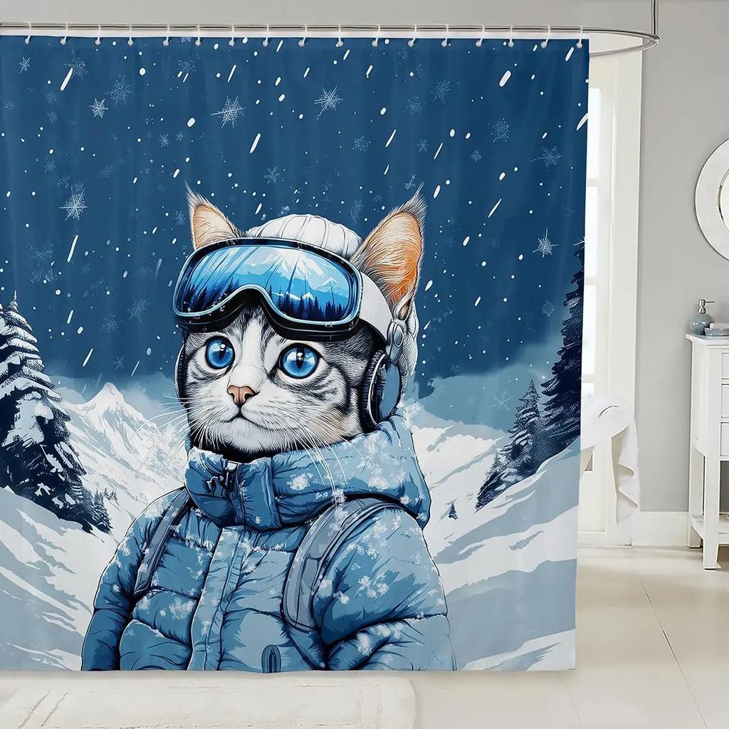 3D Black Cat Shower Curtain Green Plants Patchwork Geometric Plaid Bathroom Curtain for Kids Teens Adults Cute Pet Animal Mode