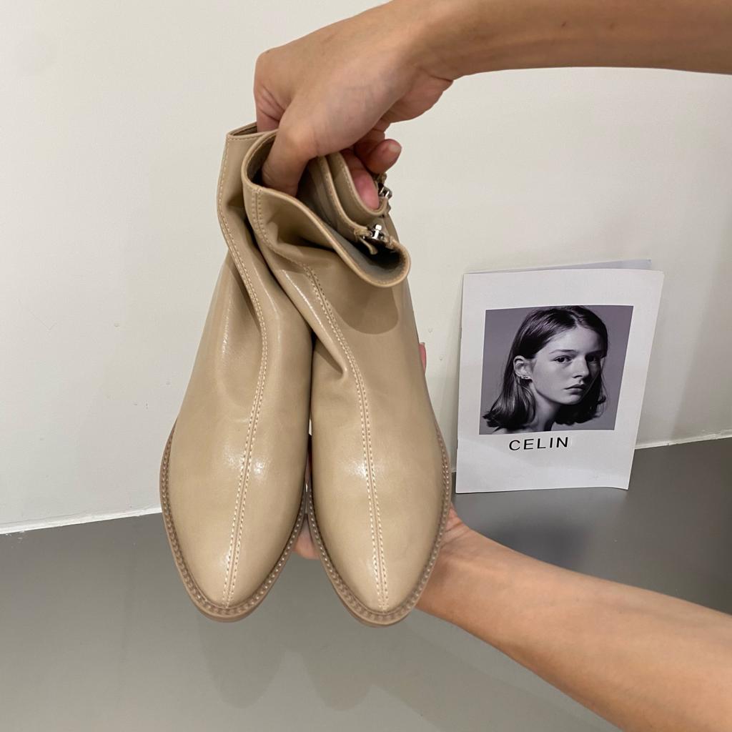 2024 Pointed Toe Women Soft Leather Ankle Boots Back Zipper Short Booties Retro Style Autumn Winter Female Boots D79