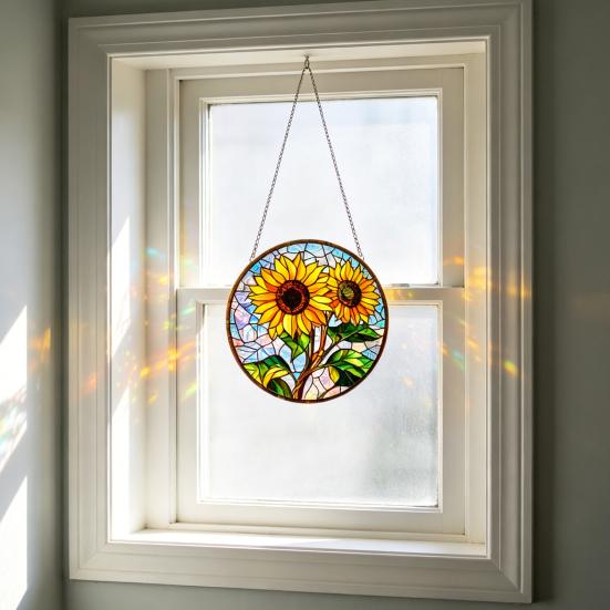 Sunflower Window Decor, Shatterproof Acrylic Glass Style Hanging Ornament with Rainbow Prism Effect, Easy Install Chain Included for Doors Patio,