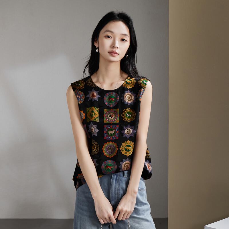 SOFSIL 2026 Summer New Chinese Style Print Sleeveless Silk Blend Shirt