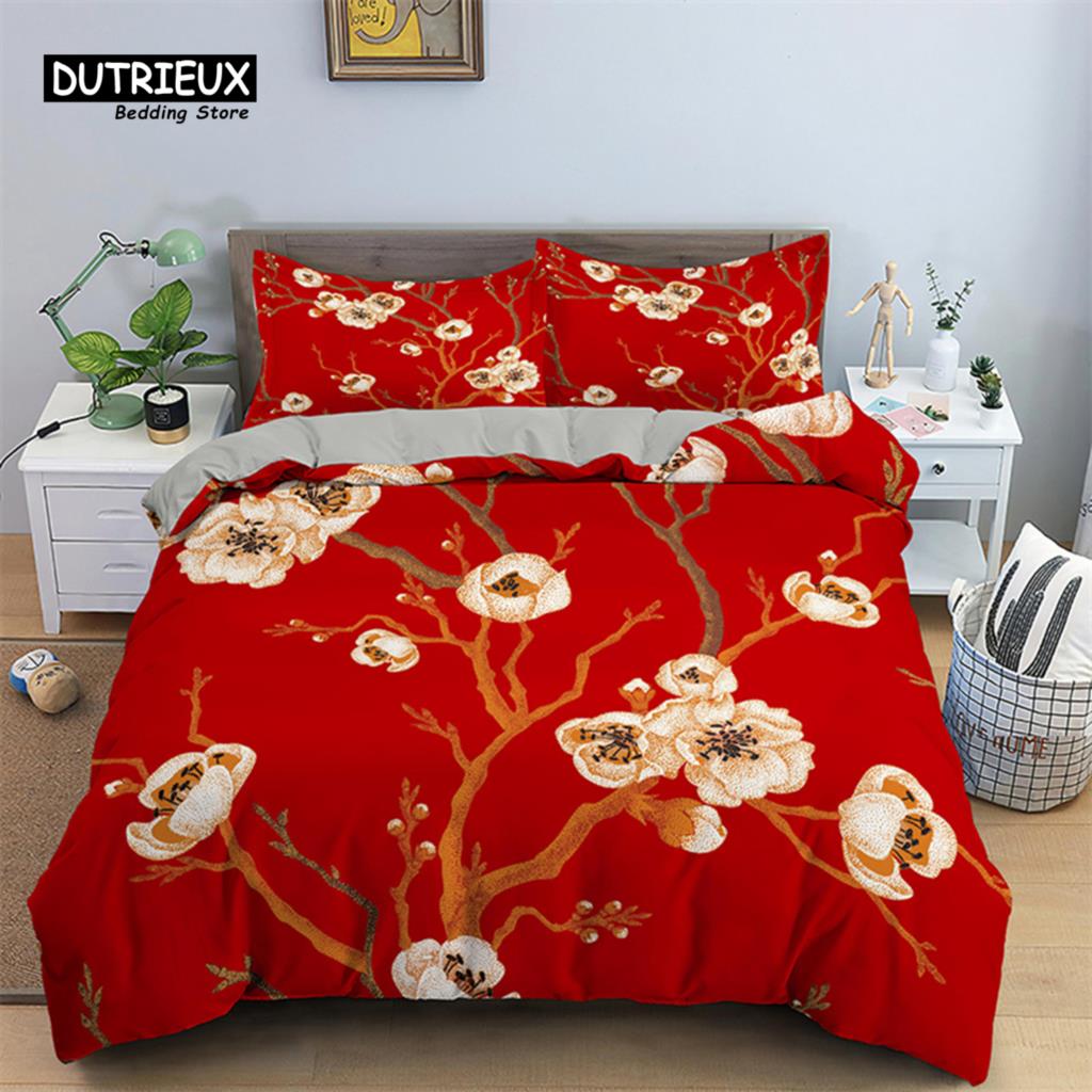 Blumiger Bettbezug Blumen Blätter King Bettwäscheset Frühlingsblüte Garten Bettdeckenbezug Bauernhaus Blütenblätter Botanischer Steppdeckenbezug