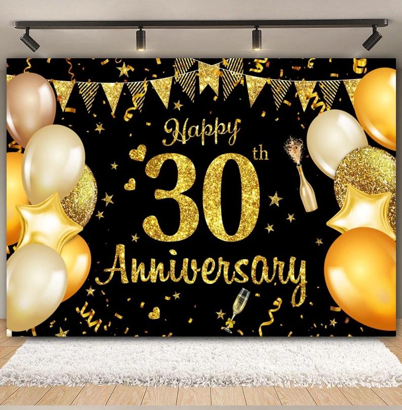Happy Anniversary Backdrop Gold Balloon Glitter Love Heart Flower Birthday Party Bridal Shower Wedding Photography Background