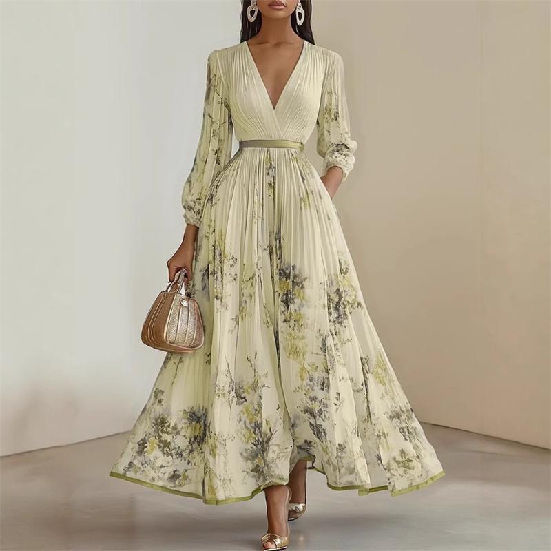 Spring Summer Ladies Elegant Dress Sexy V-neck Print Long Sleeve Big Swing A-line Holiday Dress Women Maxi Dresses Clothing
