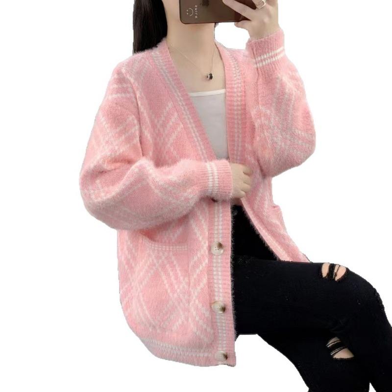 New imitation mink women's plaid loose lazy wind fairy sister student sweater women's jacket knitted cardigan