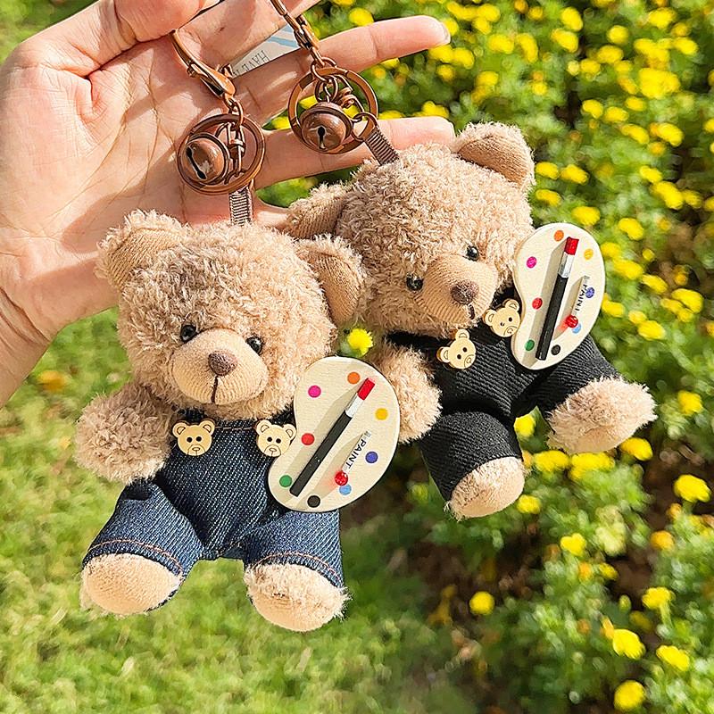 Jinnew Playful Brown Bear Painter Plush Keychain Fun Cartoon Decoration Bags For