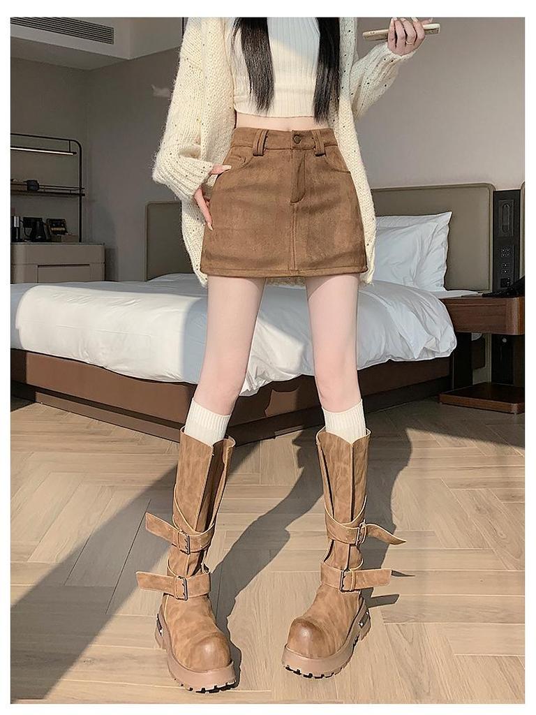 Retro Coffee Suede A-line Mini Skort for Women - Autumn/Winter High Waist Slimming Design