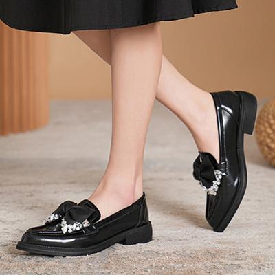 Modne Delikatne Mokasyny z Kokardą z Cyrkonii Kobiety Szpiczasty Nosek Małe Skórzane Buty Damskie Grube Obcasy Oksfordki Dziewczęce Derby Płaskie Sneakersy