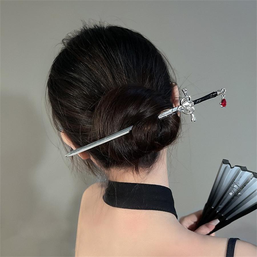 Chinese Punk Ruby Pendant Sword Hairpin Fashion Simple Modern Headdress Back Of The Head Pan Hair Ornament Fashion Retro New