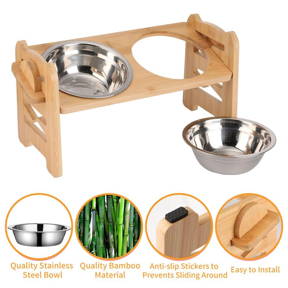 6 Gears Adjustable Pet Bowl Stand Stainless Steel Bowls Double Bowl Elevated Feeder Sturdy Bamboo Pet Food Feeder Large Dogs