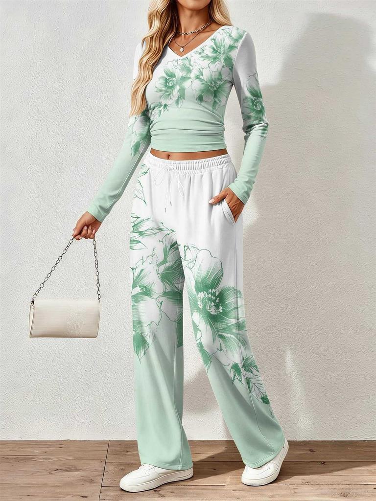 Spring and Autumn digital print women's V-neck long sleeve pants set, comfortable, casual, versatile, slim fit two-piece set