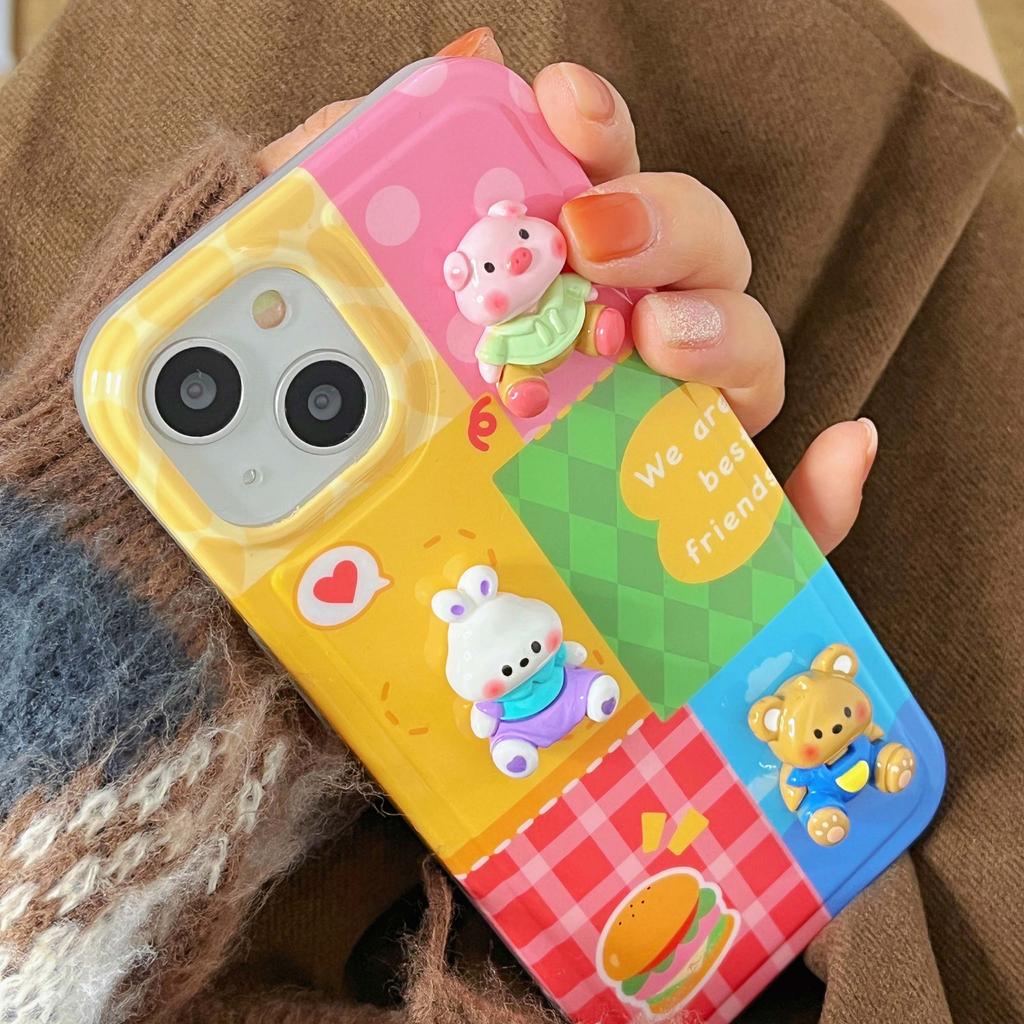 Imd 3d Relif Rabbit Pig Bear Friend Cute Cartoon Shell For Iphone 11 12 Promax 14 Pro Max 13promax Soft Silicone Phoe Case