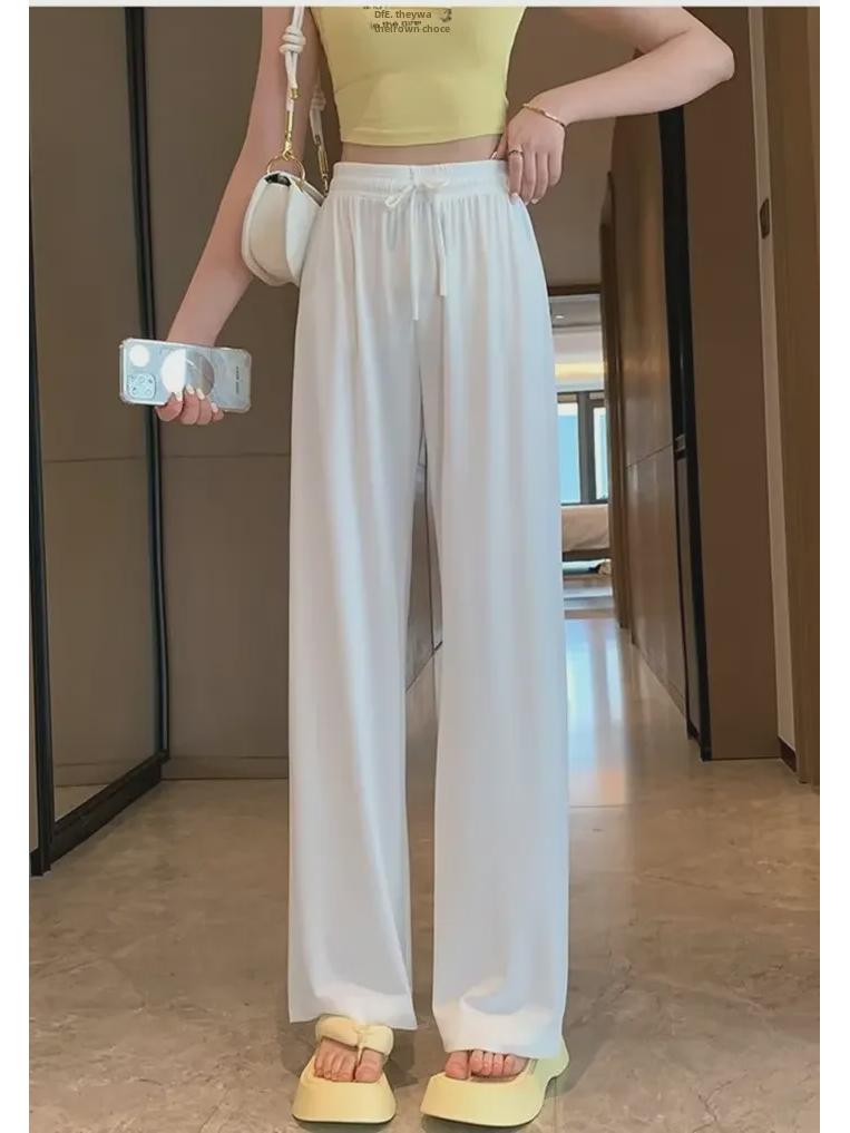 Women's High-Waist Ice Silk Wide-Leg Summer Pants – Lightweight, Loose, Straight, Anti-Mosquito Design.