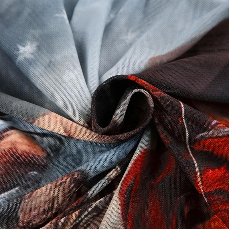 Women's Artistic Print Long Sleeve Mesh Bodysuit, Vintage Renaissance Graphic Sheer Slim Fit Top Jumpsuit Lace Panel Lightweight Top Personality