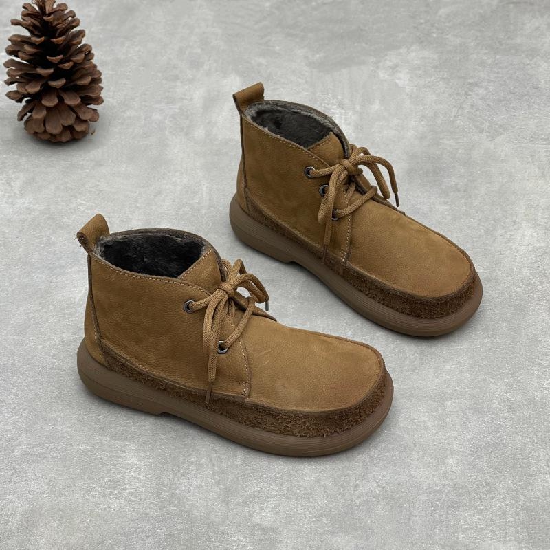 Warm Women's Cotton Boots, Flat Lace-up Round Toe Casual Soft Leather Cotton Shoes