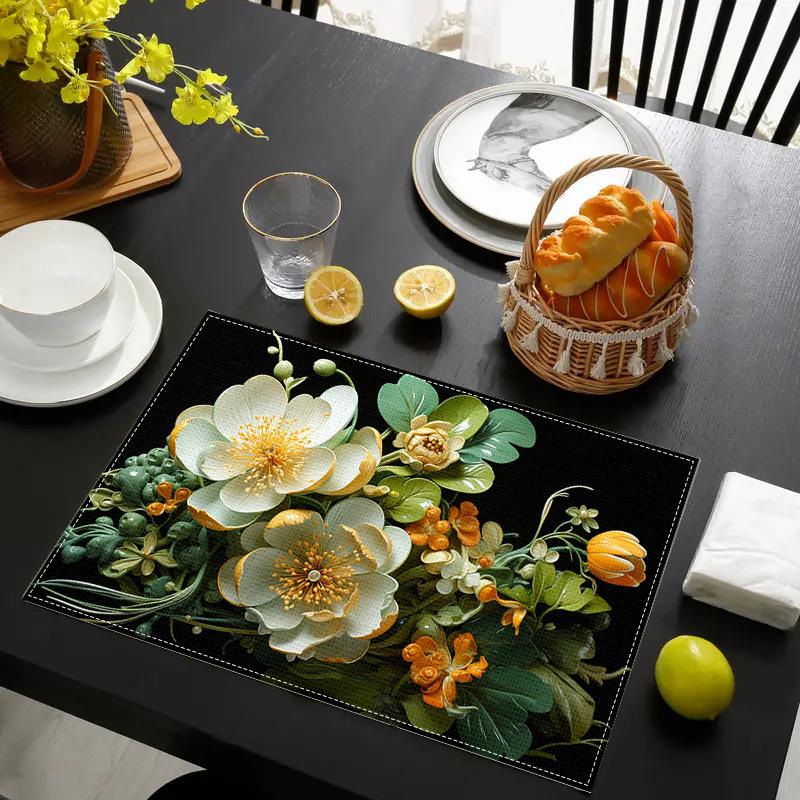 4pcs Creative and Floral Print Linen Placemats Make Your Restaurant Kitchen More Beautiful, Very Suitable for Coffee Table Dining Table and Home