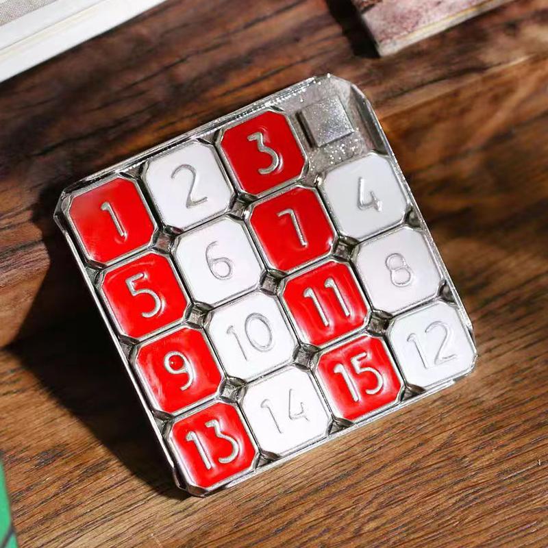 Metal Number Slide 15 Puzzle Red and White Number Sliding Puzzle Educational Learning Games Brain Teaser Puzzle Pocket Slide Funny Number Puzzle