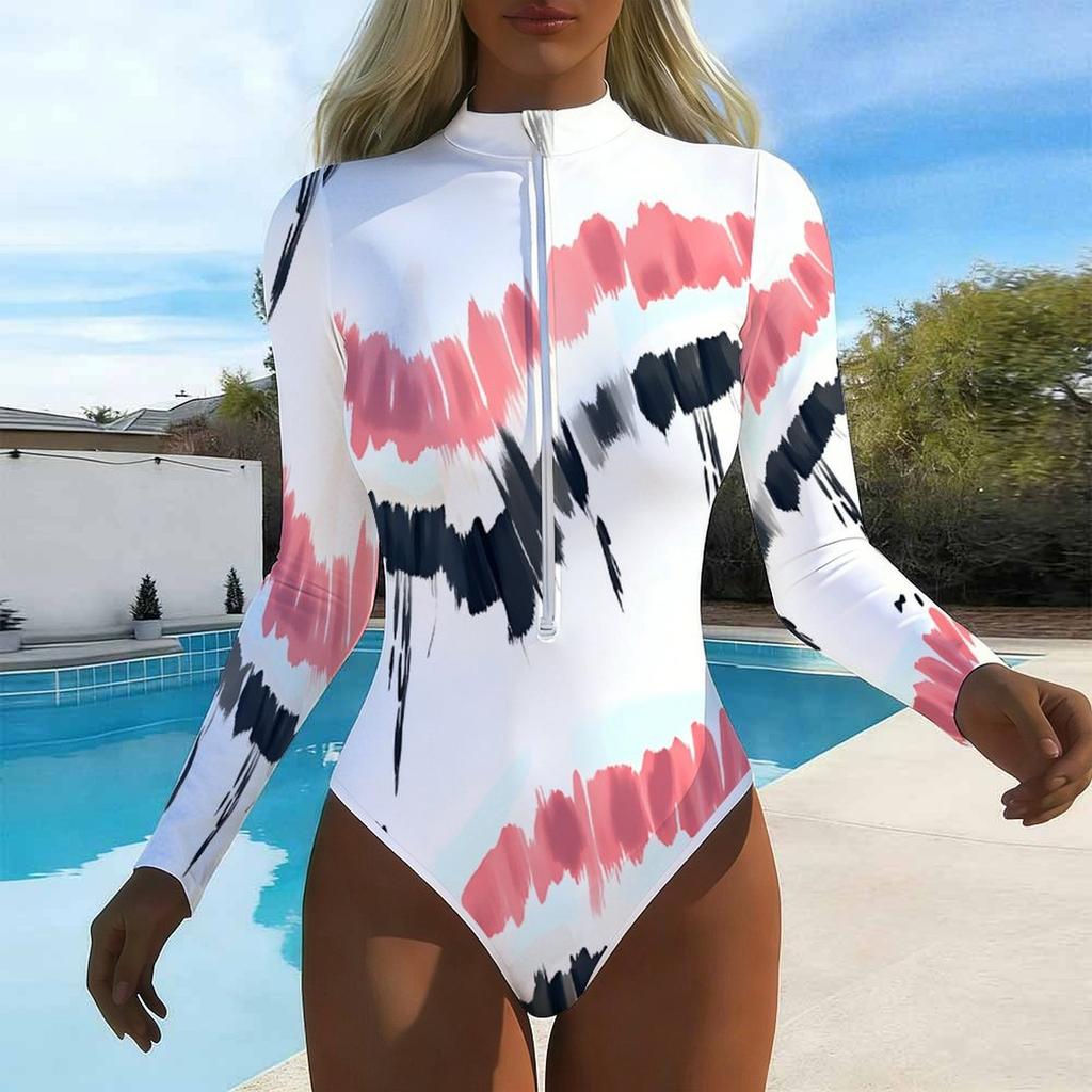Women Long Sleeve One Piece Swimsuit Zip Front  Ink Rose Print Rash Guard Surfing Bathing Suit