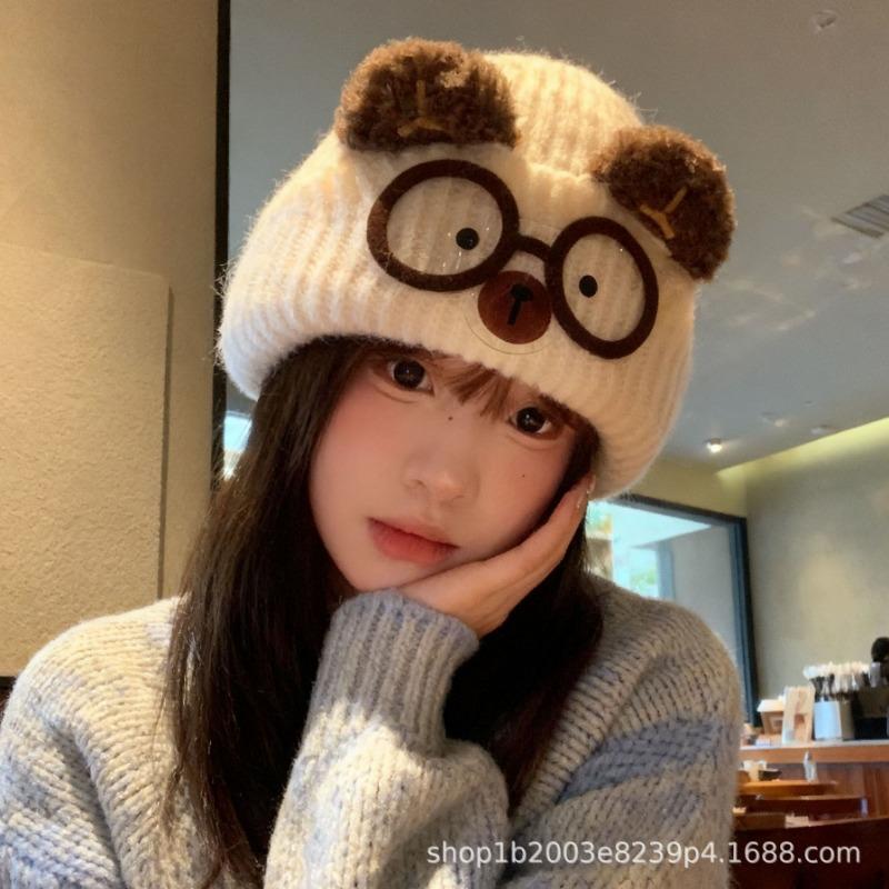 Women Cute Cat Ear Knit Hat Beige Warm Big Head Size Cartoon Cat Glasses Ear Protection Wool Hat