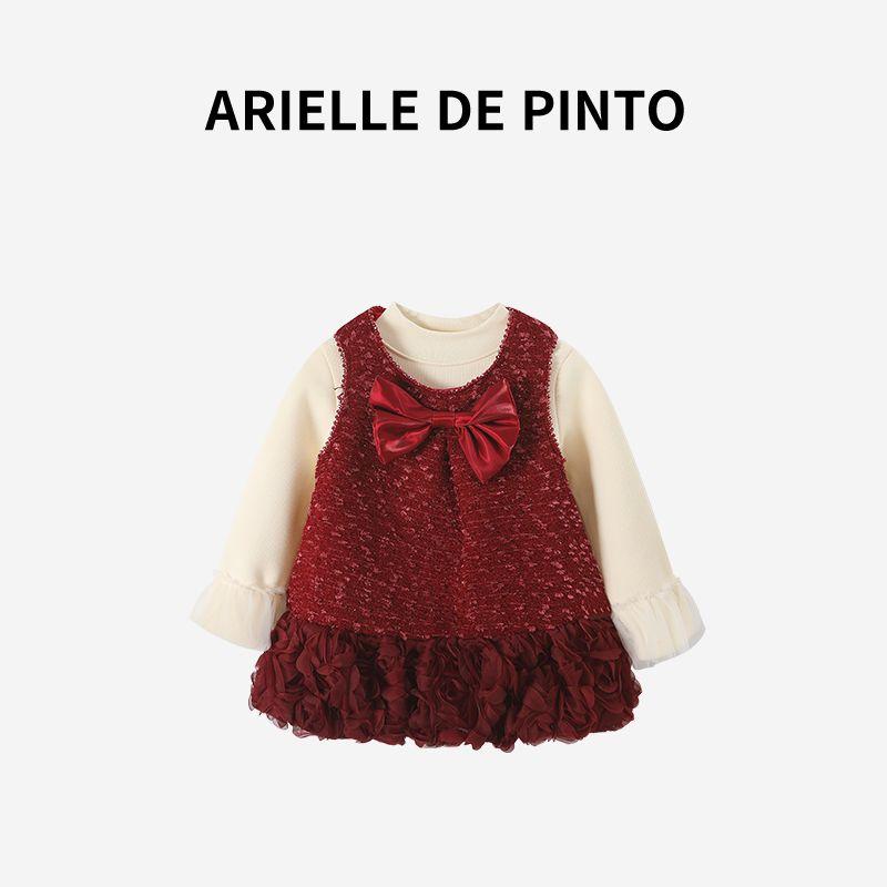 French Arielle De Pinto Girls  Dress Autumn and Winter New Cute Girl s Rose Petal Velvet Dress Red 90