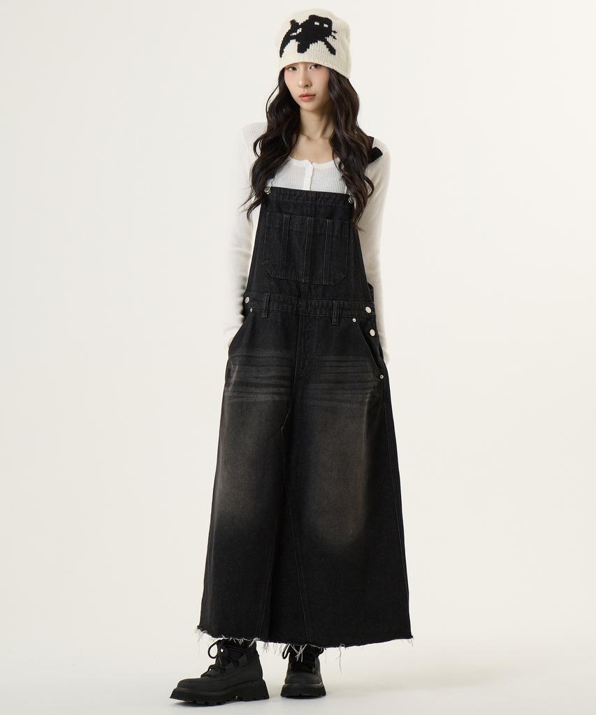 Unknown Planet Overalls Denim Long Skirt Sand Black