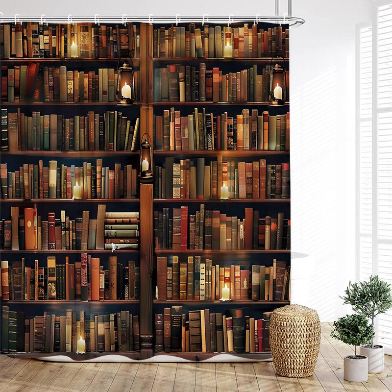 Vintage Bookshelf Shower Curtain Retro Book Green Plant Leaves Modern Fabric Home Wall Hanging Bathroom Curtain Decor with Hooks