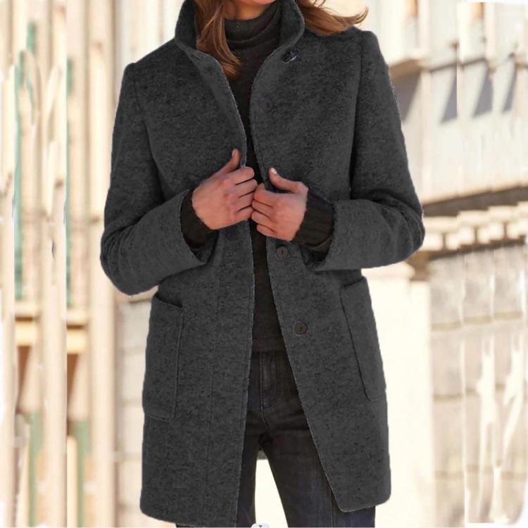 Women Casual Solid Color Coat Single Breasted Stand Collar Fashion Outerwear