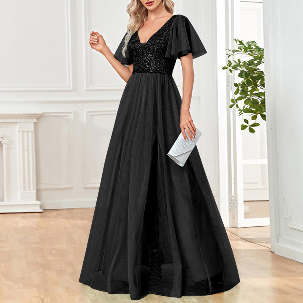 Evening Dress Banquet Mesh Long Swing Dress V-neck Sexy Short-sleeved Long Dress