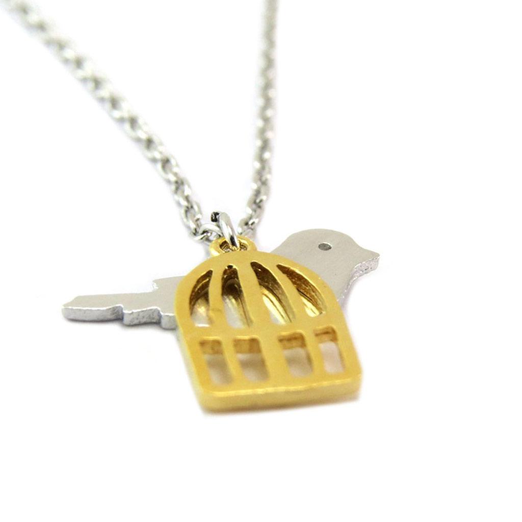 7bis [P5830] - Handgemachte Halskette 'Bird & Cage' versilbert vergoldet - 15x10 mm