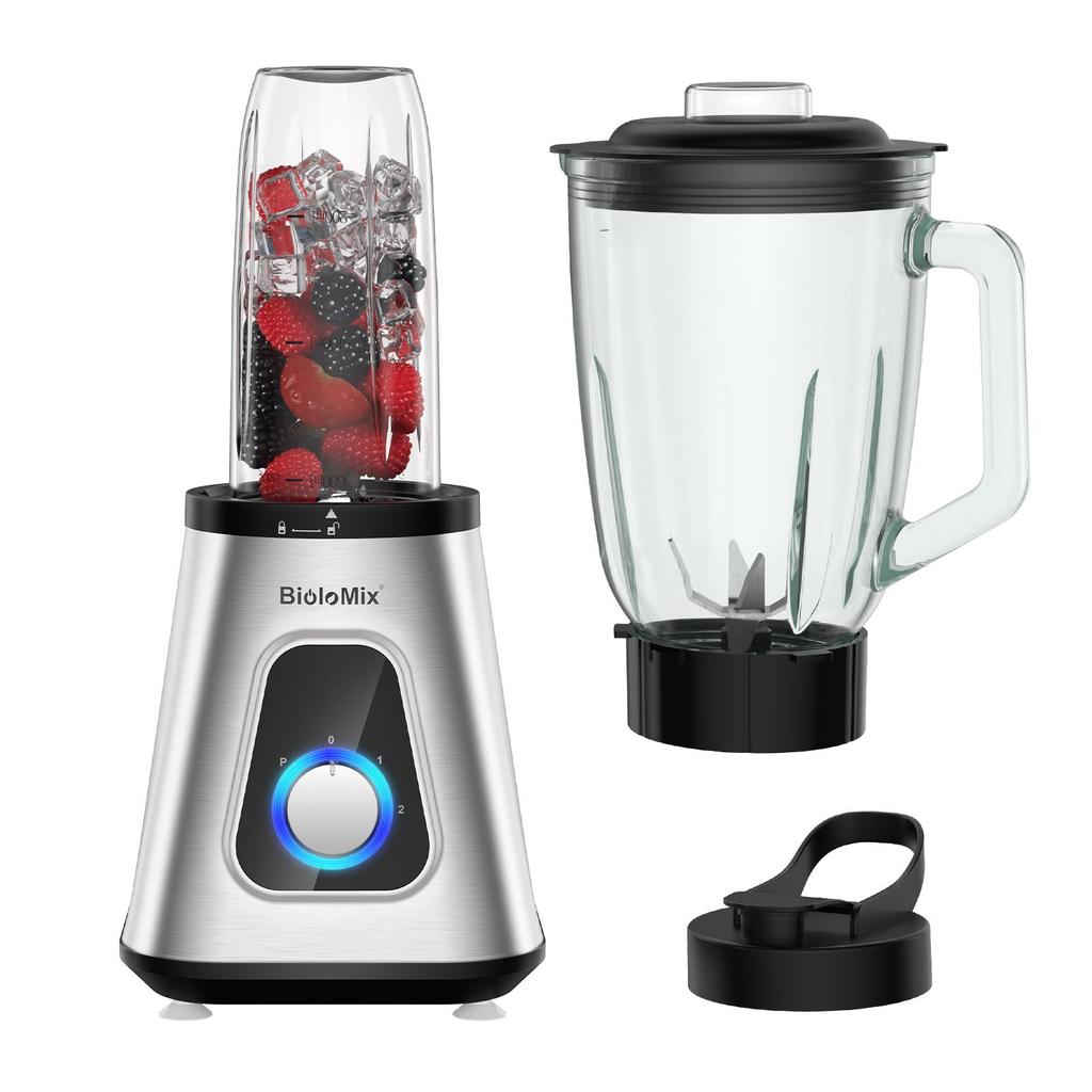 BioloMix SF701 2-in-1 Countertop Blender, 1.5L Glass Jug, 600ml Portable Bottle