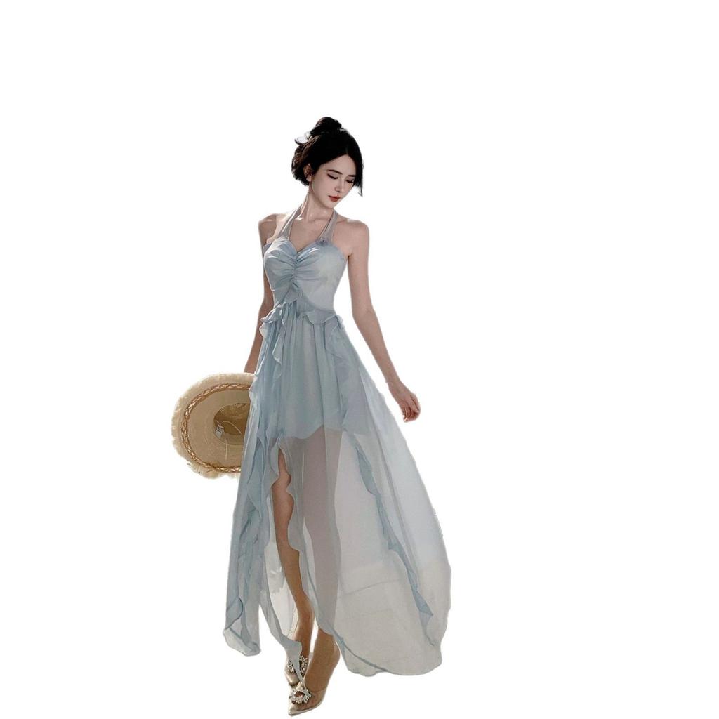 Dopamine seaside vacation stunning photo skirt sexy ruffle edge neck halter irregular dress