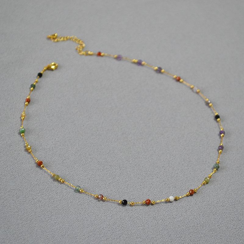 

Japanese Retro Colorful Natural Stone Clavicle Necklace for Women Short 39+5 cm Extension Chain