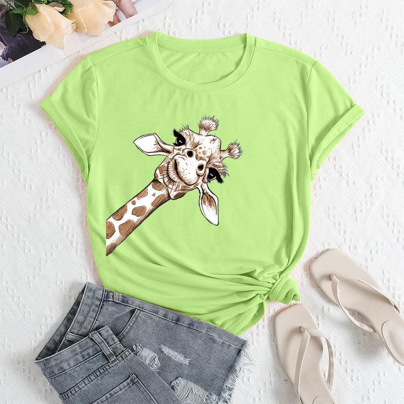Summer Women's Plus Size Giraffe Print Loose Round Neck Casual Pure Cotton Short Sleeved T-shirts Women's