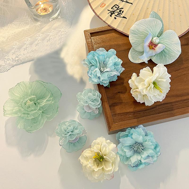 Green Themed Flower Hair Claw Clip Side Bangs Hair Clip Mesh Fake Flower Atmosphere Hairpin Seaside Vacation Hair Accessories