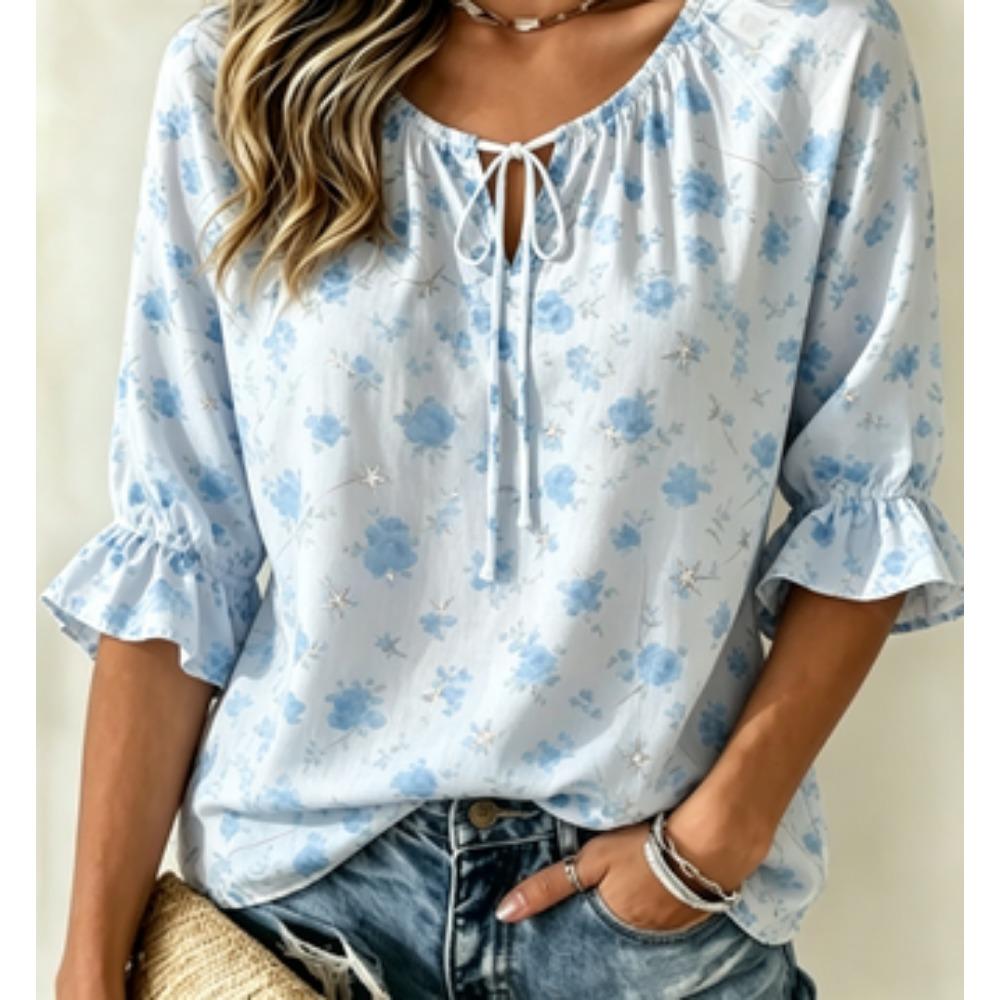 Women's Pale Blue Tiny Floral Star Print Tie Split Neck Ruffle 3/4 Sleeve Soft Loose Spring Daily Blouse