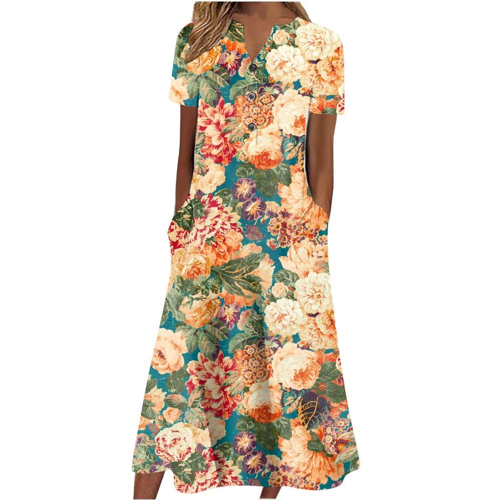 Women's V‑Neck Button Short Sleeve Midi Dress Loose Printed Casual Dress With Side Pockets