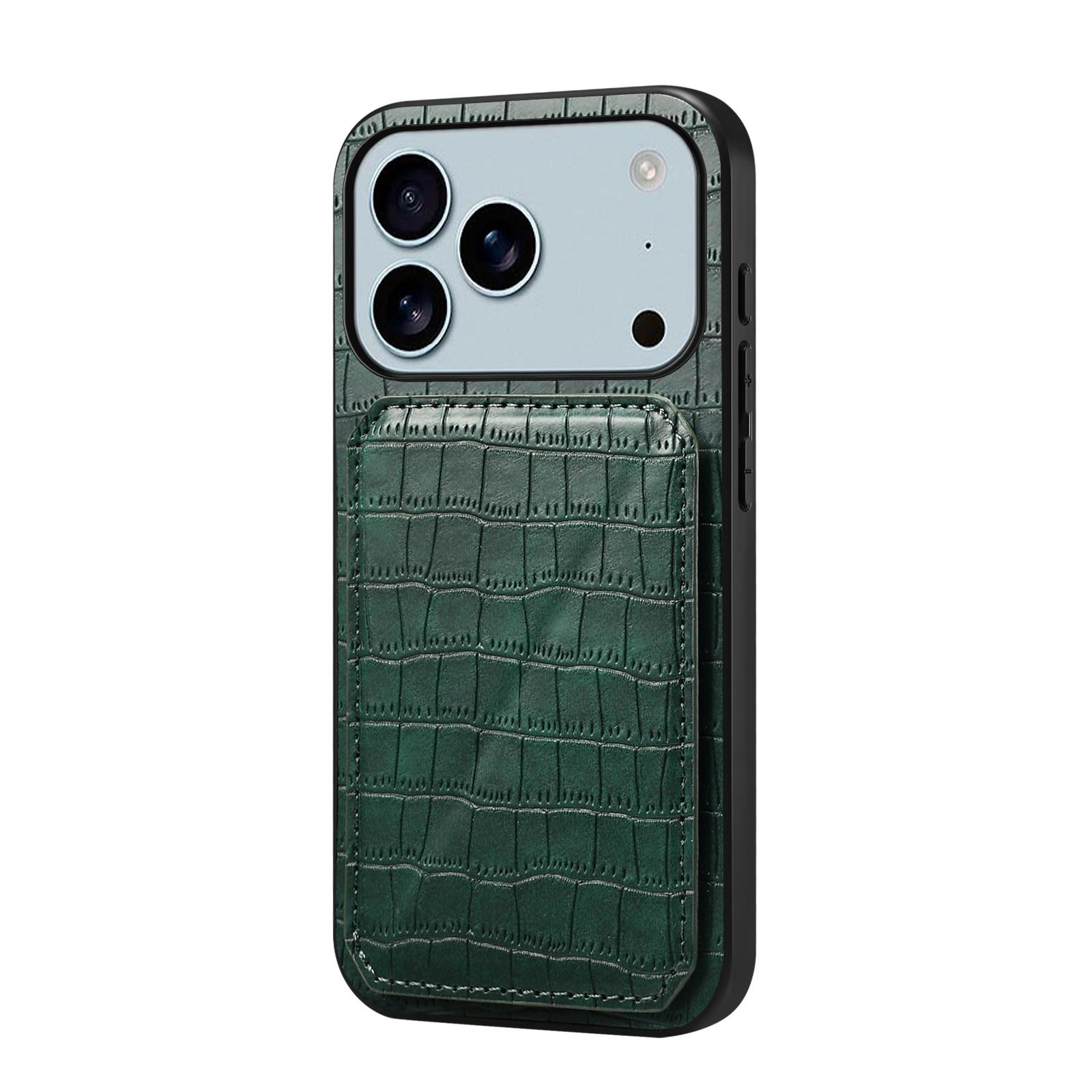 

For iPhone 17 Pro Max Case with Card Holder Leather+PC+TPU Crocodile Textured Back Cover Green