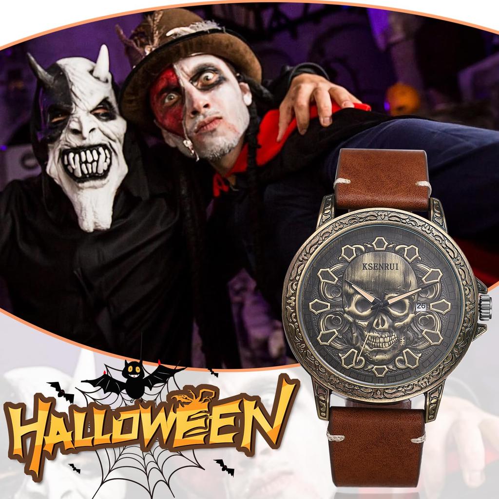Men's Punk Skull Watch with Genuine Leather Strap: Skeleton Skull Antique Leather Watch with Waterproof Analog Quartz Movement, Gothic Accessory -