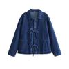Women Turn Down Collar Bow Decor Long Sleeve Denim Shirt Jacket