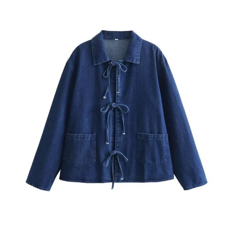 Women Turn Down Collar Bow Decor Long Sleeve Denim Shirt Jacket