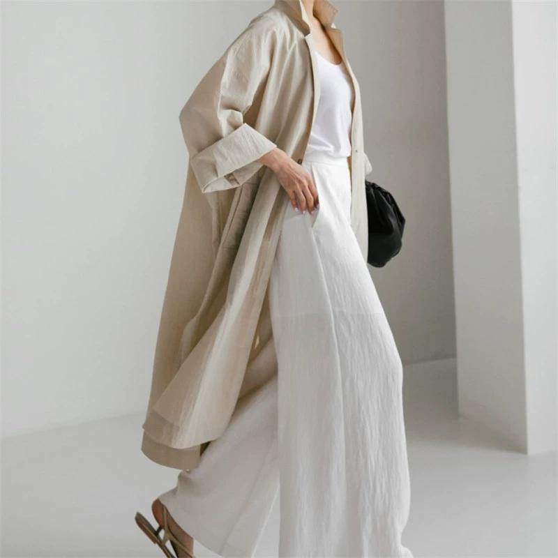 Printemps Automne Femmes Coton et Lin Chemises Robes Poches Fente Latérale Droite Décontracté Ample Robes Féminines