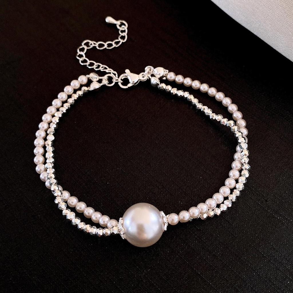 French Retro Light Luxury Double-Layer Pearl Pendant Jewelry Set: Bracelet & Necklace for Women