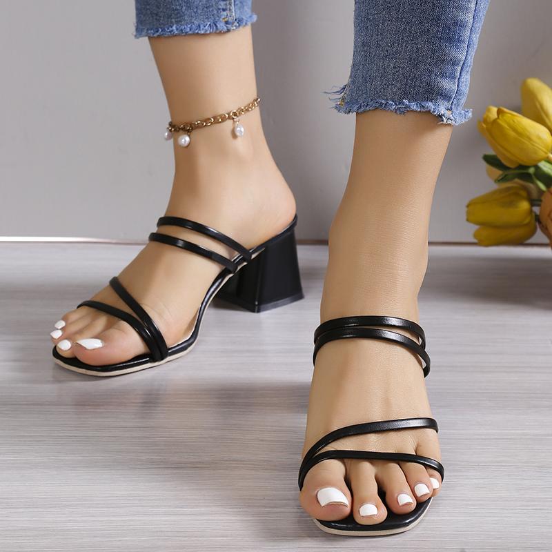 New Ladies Square Heels Elegant Summer Slippers Outside Cross Tied Leather Female Slides Woman Sandals Sandalias Mujer