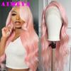 AIMEYA Light Pink Lace Front Wig Long Body Wave Synthetic Lace Hair Natural Hairline Heat Resistant Fiber Daily Use Cosplay Wigs
