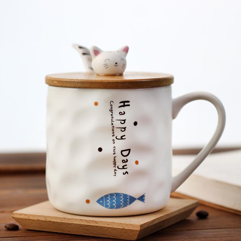 Japanese Cute Cat Cartoon Creative Female Ceramic Cup With Lid, Simple Milk Cup Children S Breakfast Mug 301-400ml
